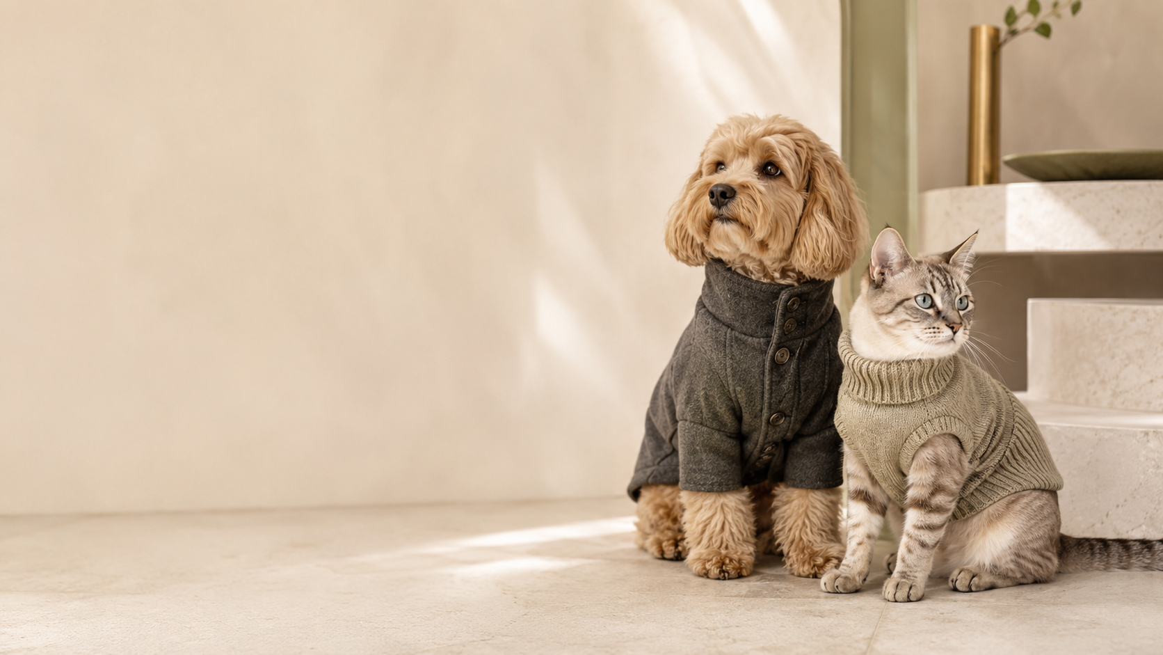 A dog and cat wearing refined designer-style pet clothing