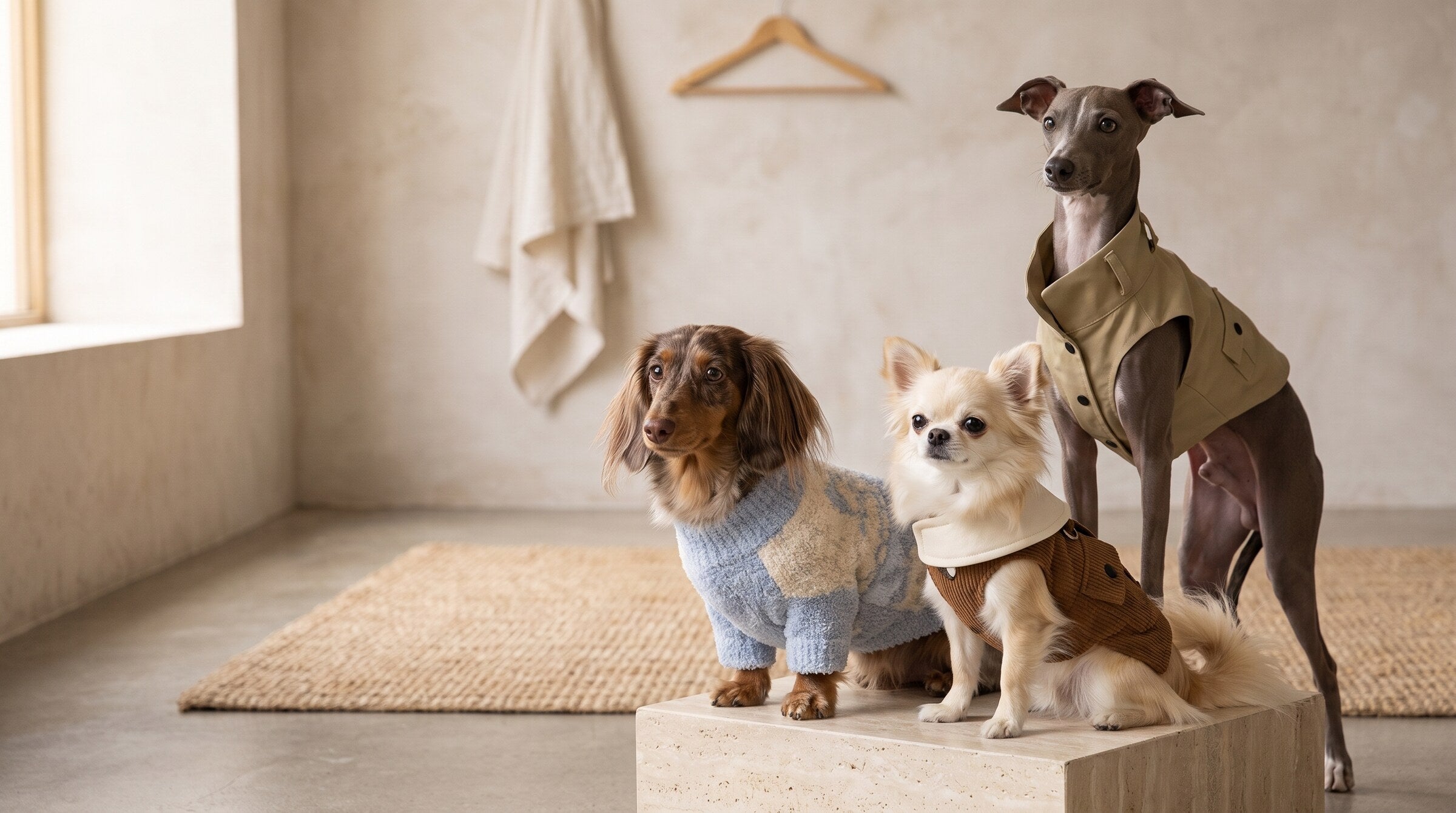 Dogs wearing a selection of Pawlique designer clothing
