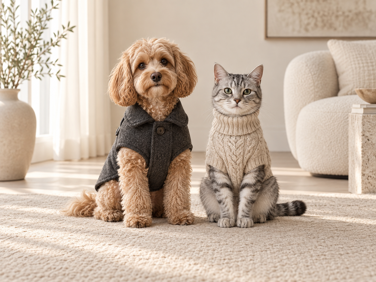 A dog and cat wearing designer pet clothing