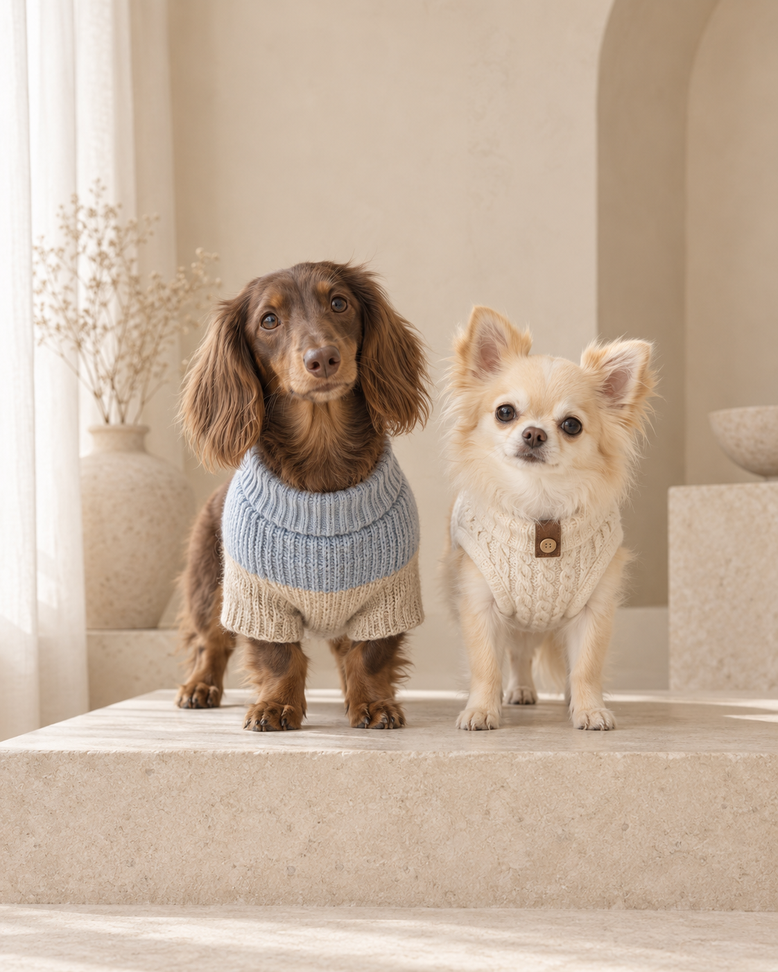 Two dogs wearing Pawlique designer knitwear